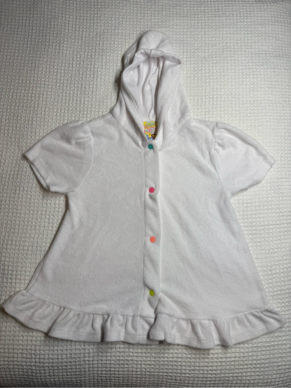Kids White Hooded Swim Coverup with Colorful Buttons